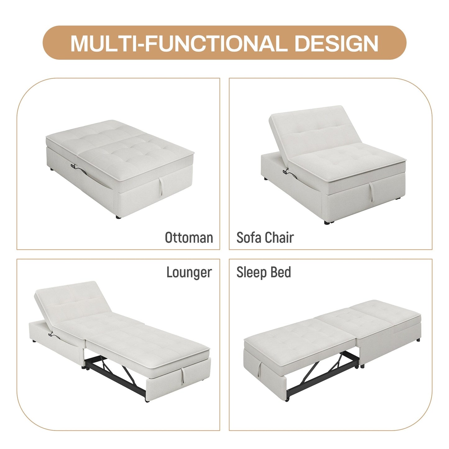Multi-Function 72.5 4-in-1 Linen Ottoman Sofa Bed with Storage Pocket and USB Port for Living Room