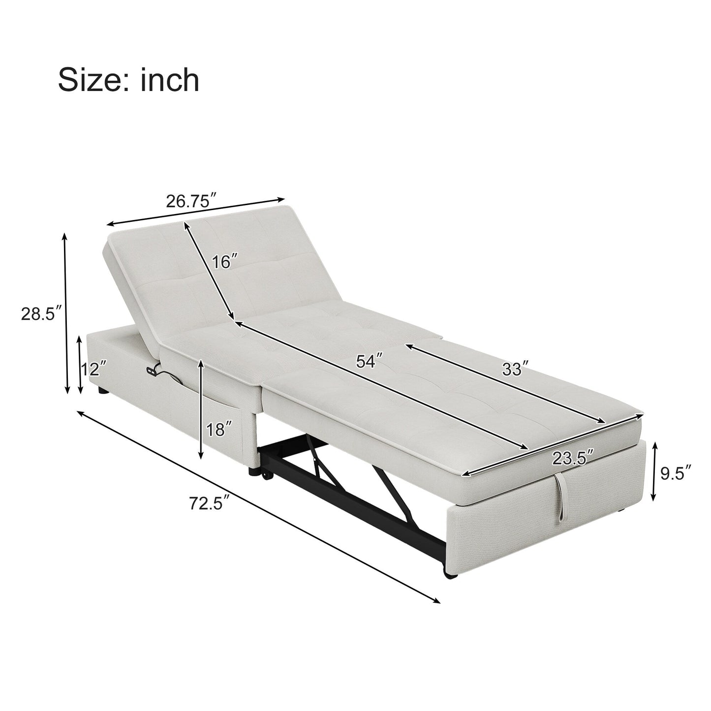 Multi-Function 72.5 4-in-1 Linen Ottoman Sofa Bed with Storage Pocket and USB Port for Living Room