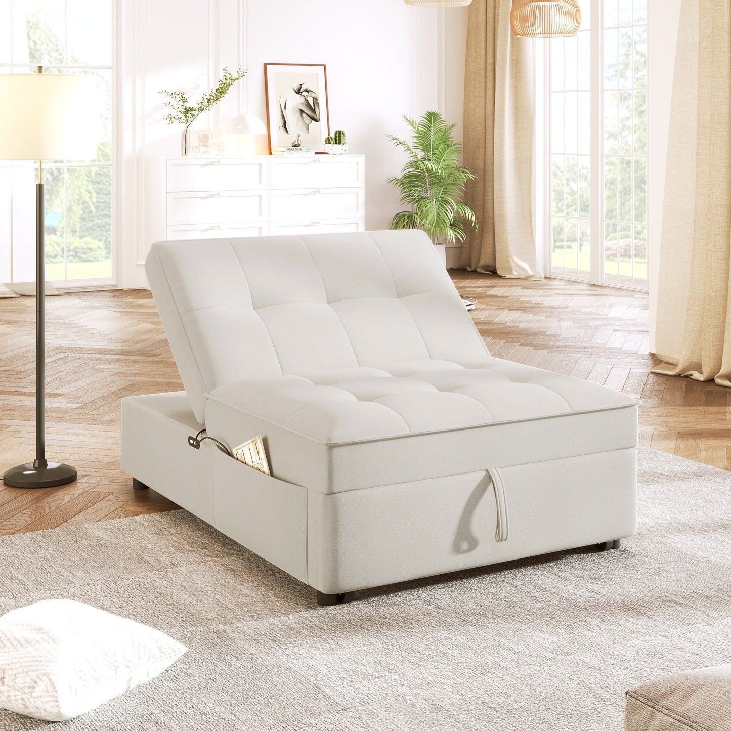 Multi-Function 72.5 4-in-1 Linen Ottoman Sofa Bed with Storage Pocket and USB Port for Living Room