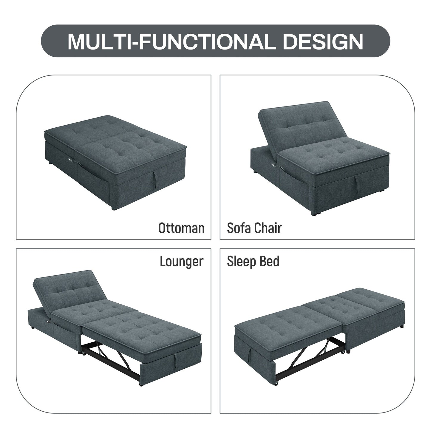 Multi-Function 72.5 4-in-1 Linen Ottoman Sofa Bed with Storage Pocket and USB Port for Living Room
