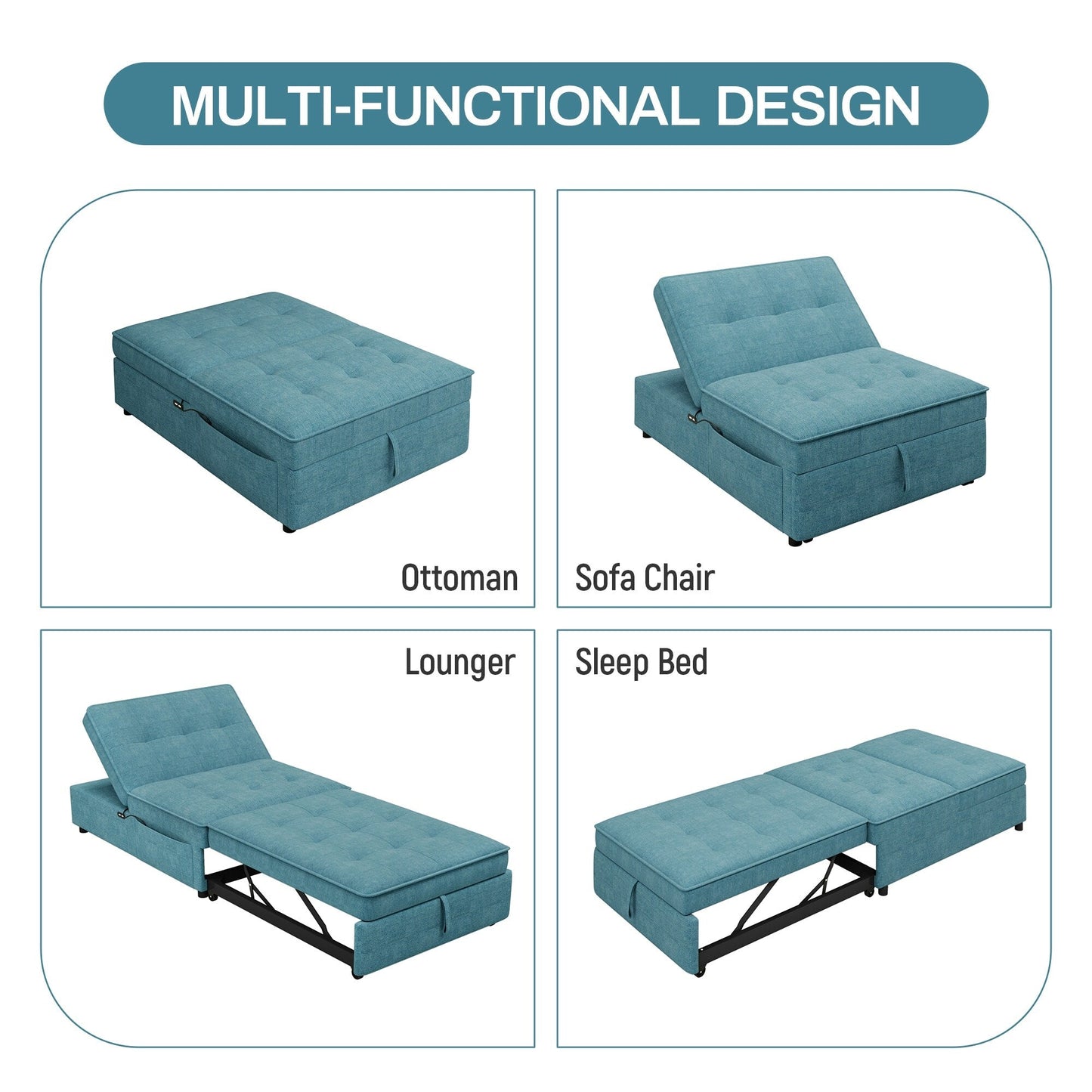 Multi-Function 72.5 4-in-1 Linen Ottoman Sofa Bed with Storage Pocket and USB Port for Living Room