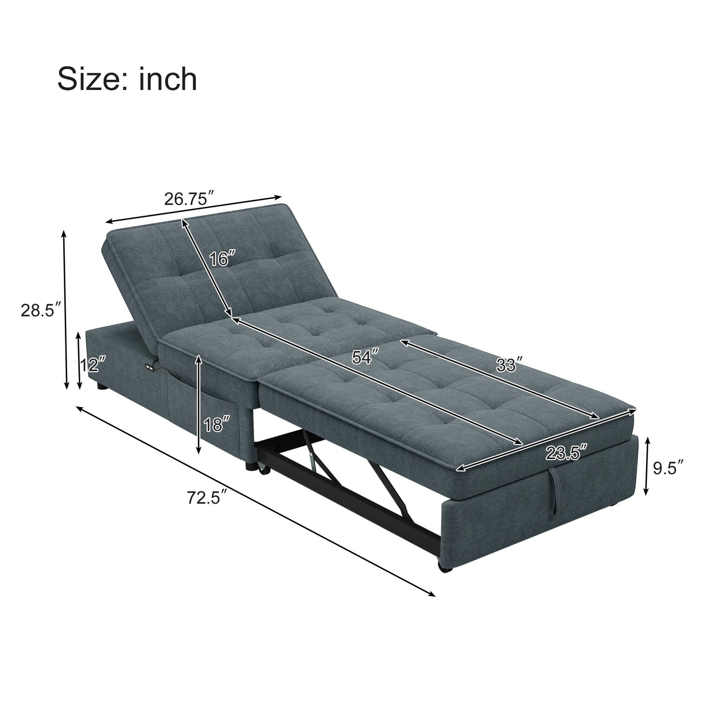 Multi-Function 72.5 4-in-1 Linen Ottoman Sofa Bed with Storage Pocket and USB Port for Living Room
