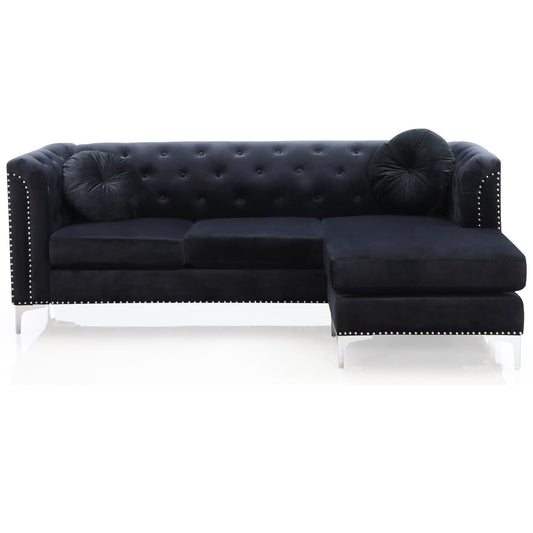 Nailhead Trim Tufted Velvet Sectional Sofa with Throw Pillows - 83 - Black