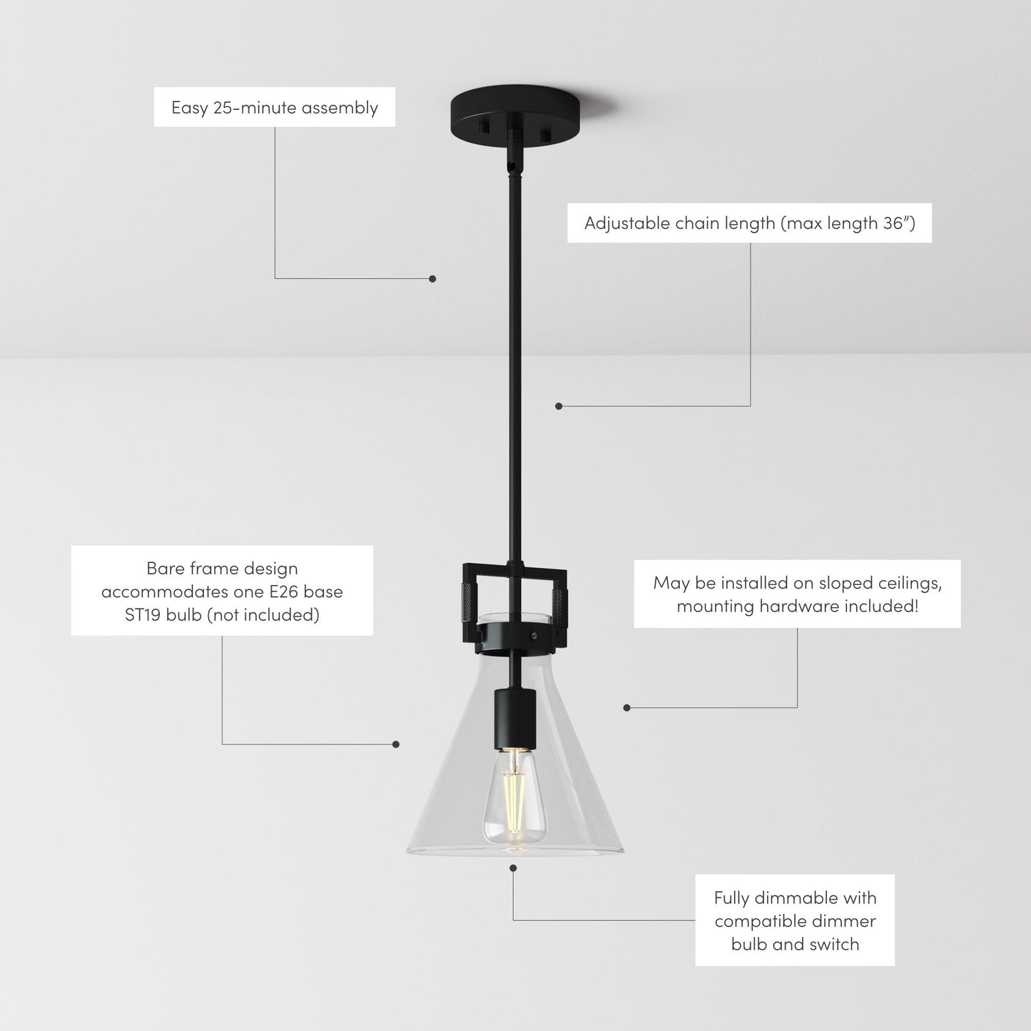 Nathan James Vincent Glass Pendant Lighting, Hanging Light Fixture with Adjustable Stem and Clear Shade