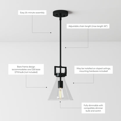 Nathan James Vincent Glass Pendant Lighting, Hanging Light Fixture with Adjustable Stem and Clear Shade