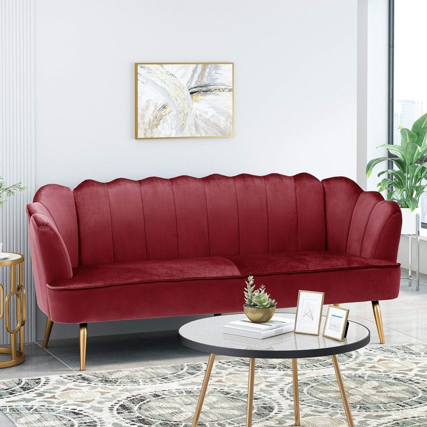 Natural 76.25 Velvet Channel Stitching 3-seater Sofa with Metal Legs for Living Room