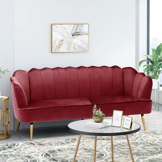 Natural 76.25 Velvet Channel Stitching 3-seater Sofa with Metal Legs for Living Room