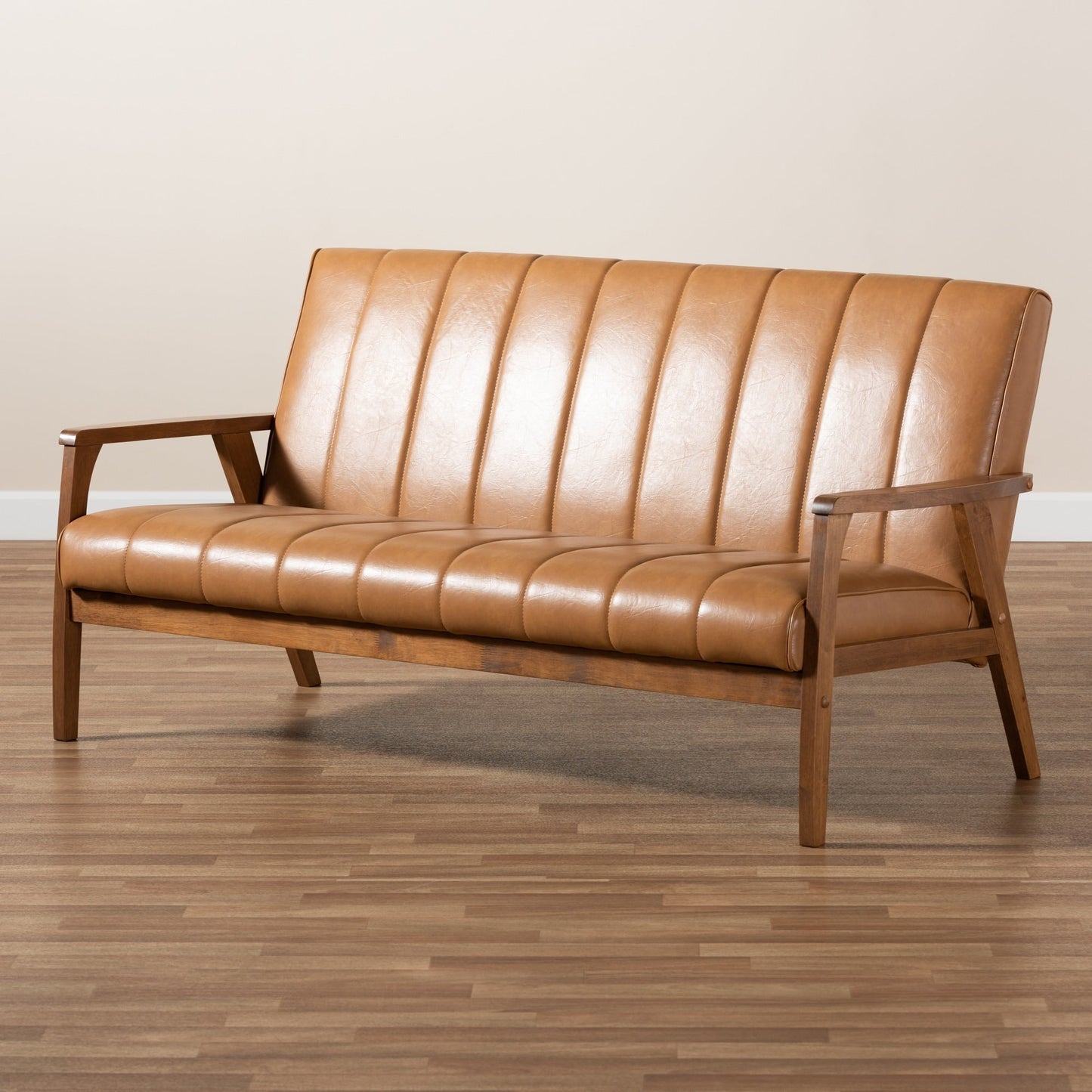 Nikko Tan Faux Leather and Walnut finished Wood Sofa