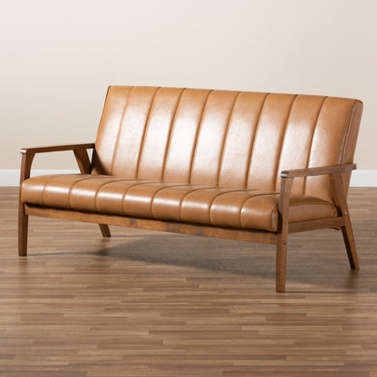 Nikko Tan Faux Leather and Walnut finished Wood Sofa