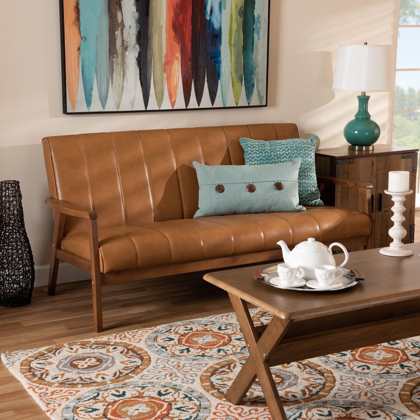 Nikko Tan Faux Leather and Walnut finished Wood Sofa