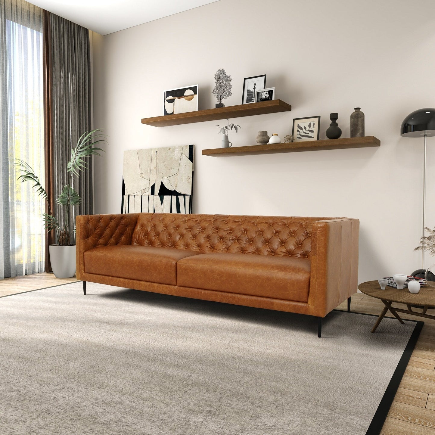 Norman Mid Century Modern Hand Tufted Comfortable Genuine Leather Couch