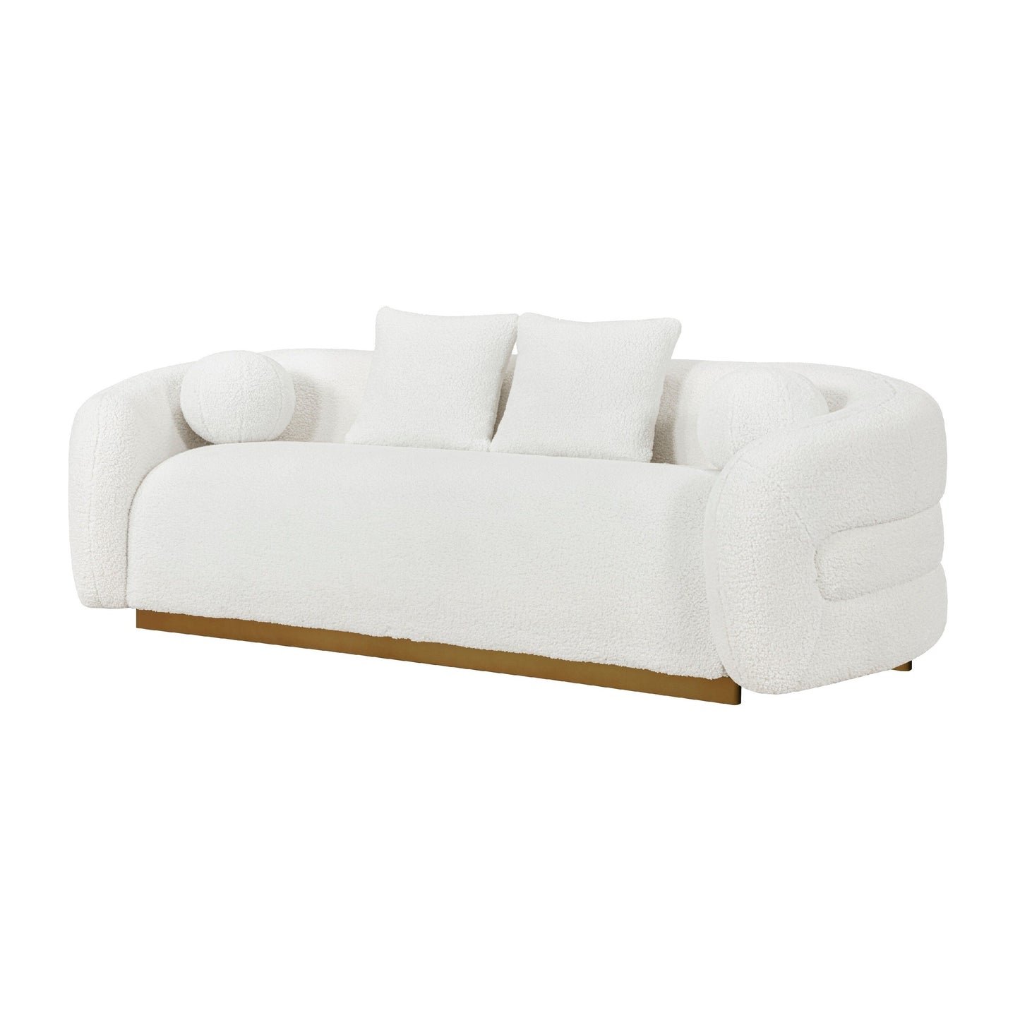 Novy Sofa, 4 Accent Pillows, White Sherpa, Gold, 93 Inch
