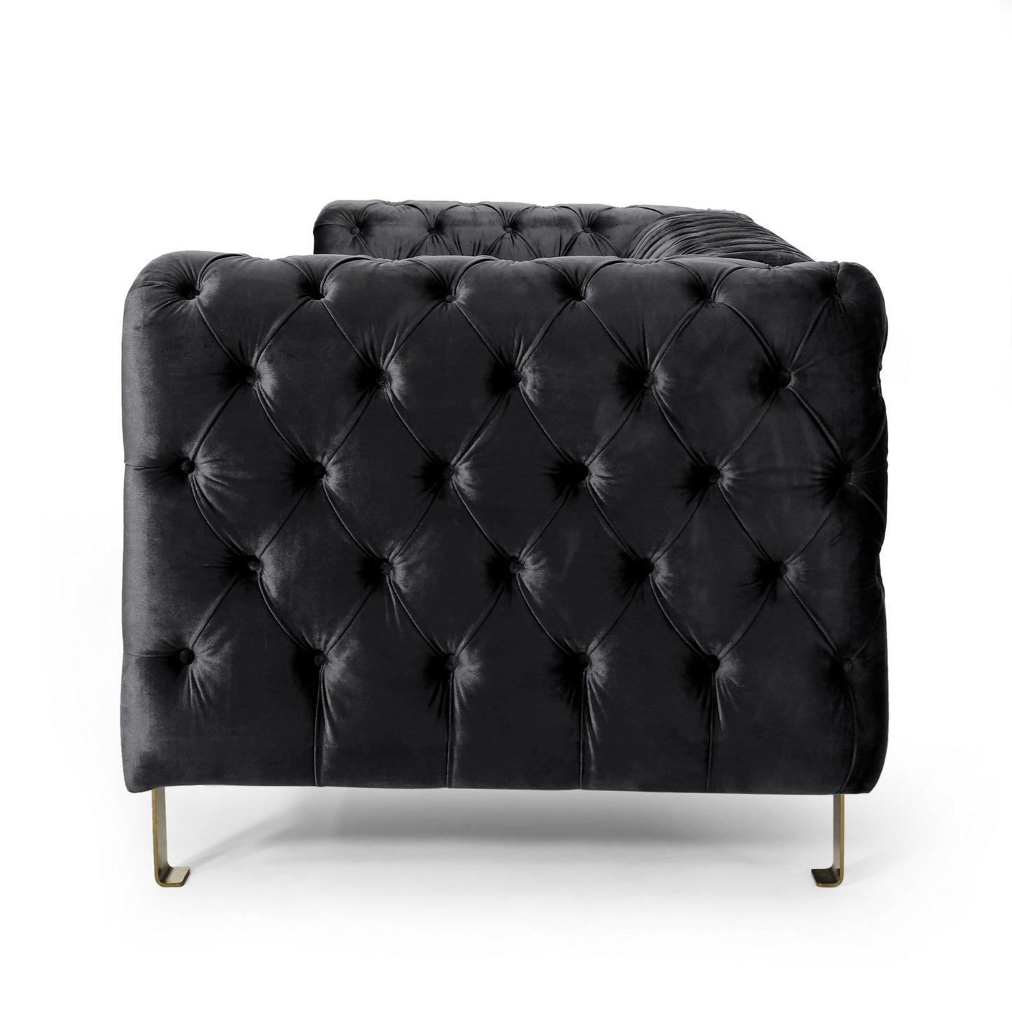 Nua Sofa, Chesterfield Tufted Black Velvet, 84 Inch, Modern Gold Legs