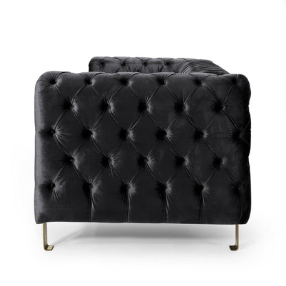 Nua Sofa, Chesterfield Tufted Black Velvet, 84 Inch, Modern Gold Legs