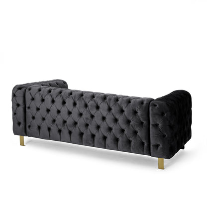 Nua Sofa, Chesterfield Tufted Black Velvet, 84 Inch, Modern Gold Legs