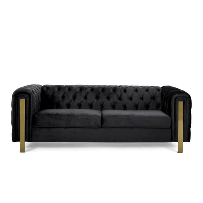 Nua Sofa, Chesterfield Tufted Black Velvet, 84 Inch, Modern Gold Legs