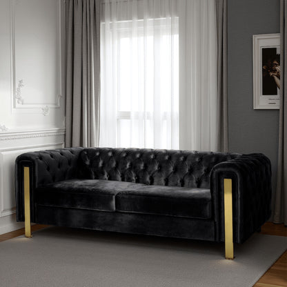 Nua Sofa, Chesterfield Tufted Black Velvet, 84 Inch, Modern Gold Legs
