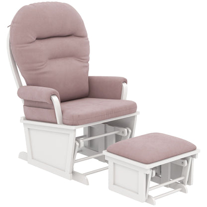 Nursery Glider Rocking Chair Thick Padded Cushion Seating Soft Linen Fabric Armchair with Ottoman and Wood Base