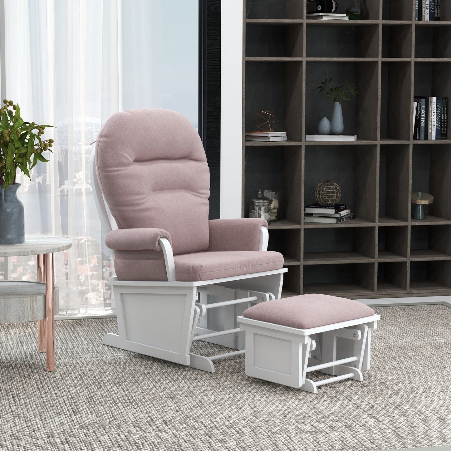 Nursery Glider Rocking Chair Thick Padded Cushion Seating Soft Linen Fabric Armchair with Ottoman and Wood Base