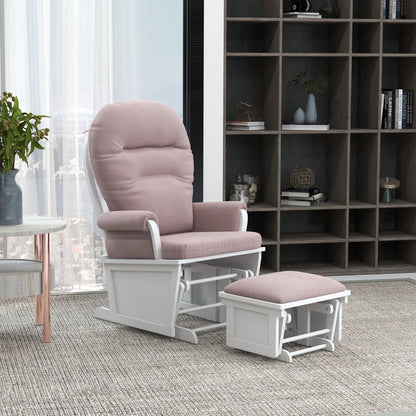 Nursery Glider Rocking Chair Thick Padded Cushion Seating Soft Linen Fabric Armchair with Ottoman and Wood Base