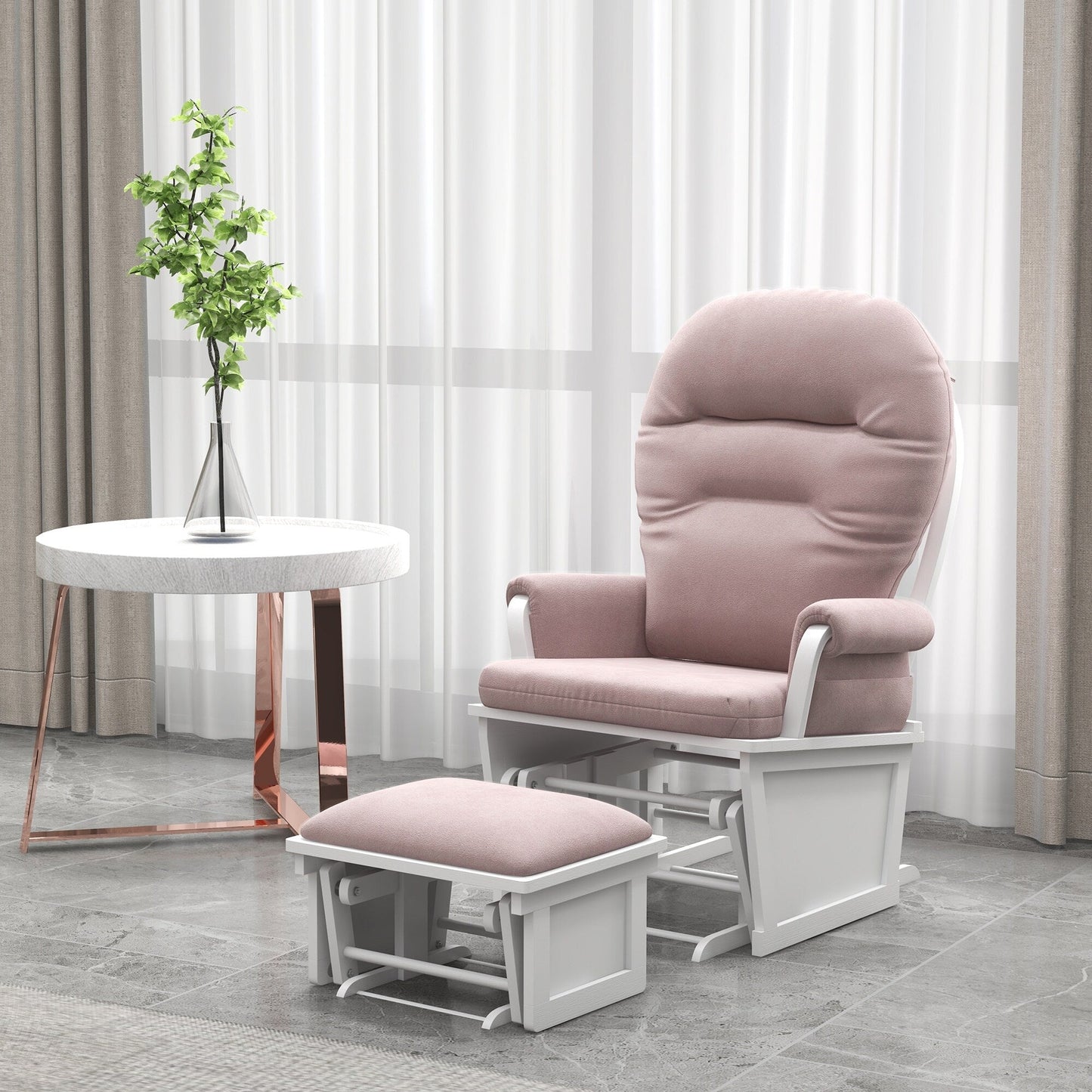 Nursery Glider Rocking Chair Thick Padded Cushion Seating Soft Linen Fabric Armchair with Ottoman and Wood Base
