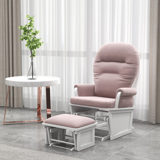 Nursery Glider Rocking Chair Thick Padded Cushion Seating Soft Linen Fabric Armchair with Ottoman and Wood Base