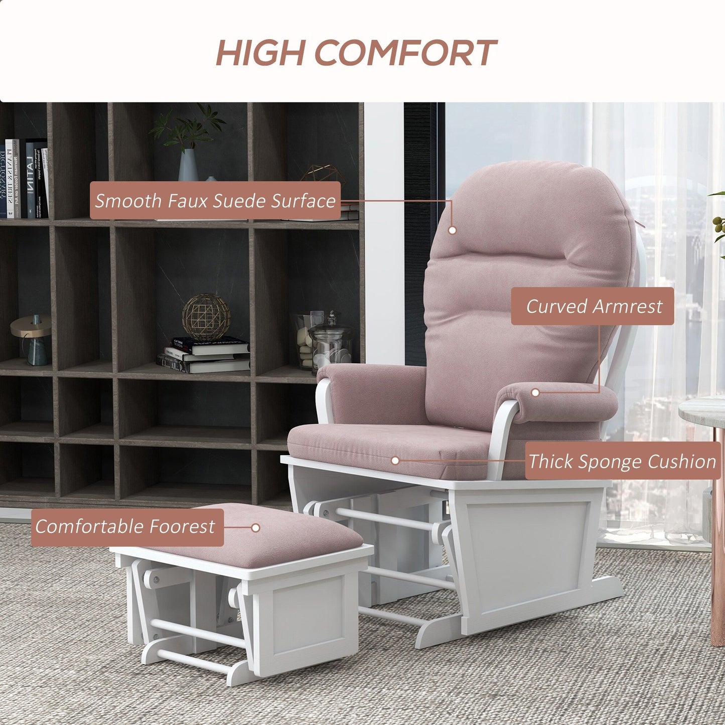 Nursery Glider Rocking Chair Thick Padded Cushion Seating Soft Linen Fabric Armchair with Ottoman and Wood Base