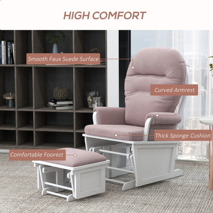 Nursery Glider Rocking Chair Thick Padded Cushion Seating Soft Linen Fabric Armchair with Ottoman and Wood Base