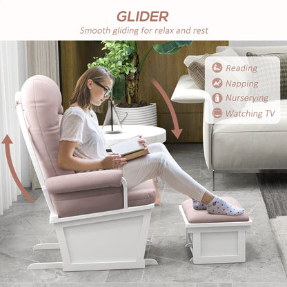 Nursery Glider Rocking Chair Thick Padded Cushion Seating Soft Linen Fabric Armchair with Ottoman and Wood Base