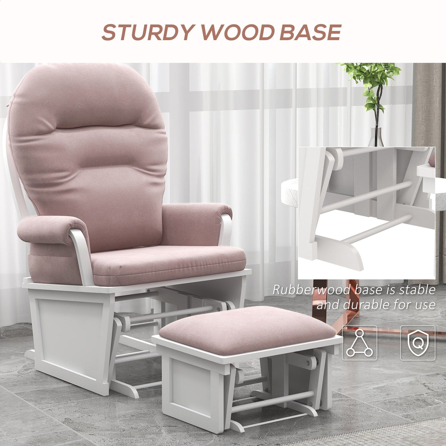 Nursery Glider Rocking Chair Thick Padded Cushion Seating Soft Linen Fabric Armchair with Ottoman and Wood Base