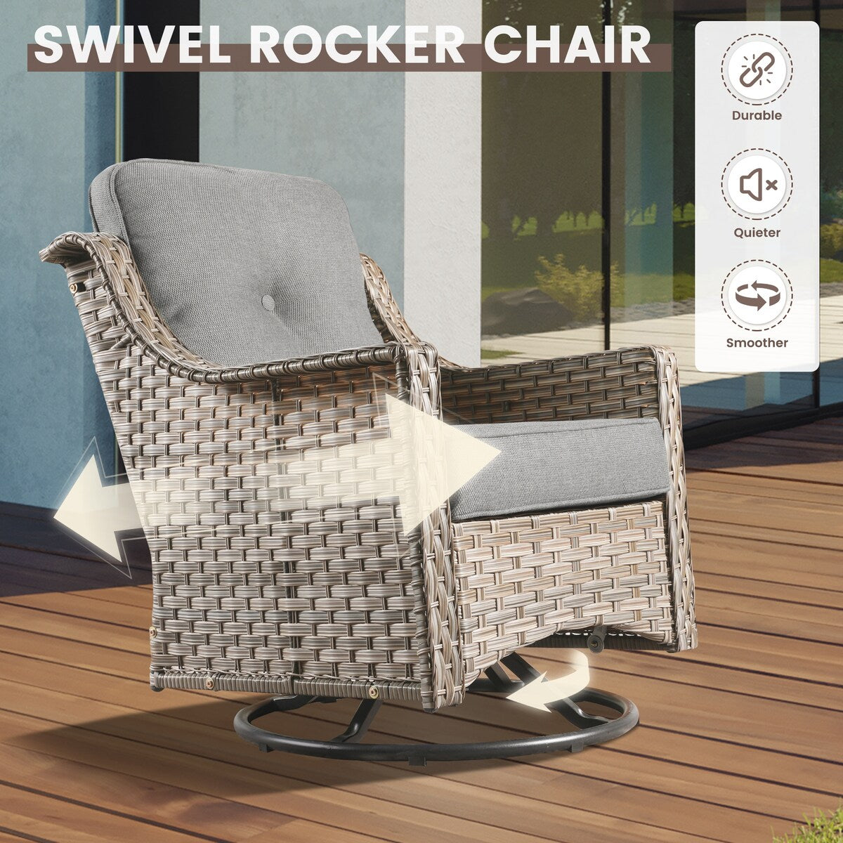 OVIOS 11 Pieces Outdoor Wicker Swivel Chair Set With Solar-Powered Coffee Table&Fire Pit