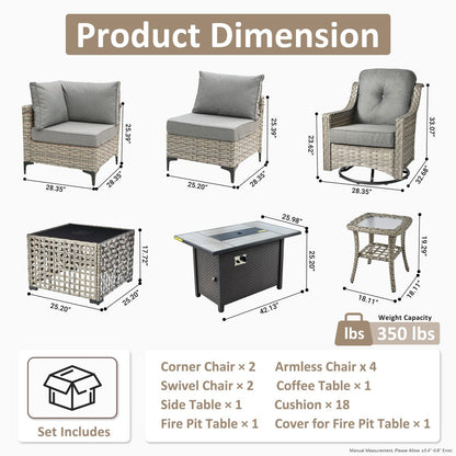 OVIOS 11 Pieces Outdoor Wicker Swivel Chair Set With Solar-Powered Coffee Table&Fire Pit