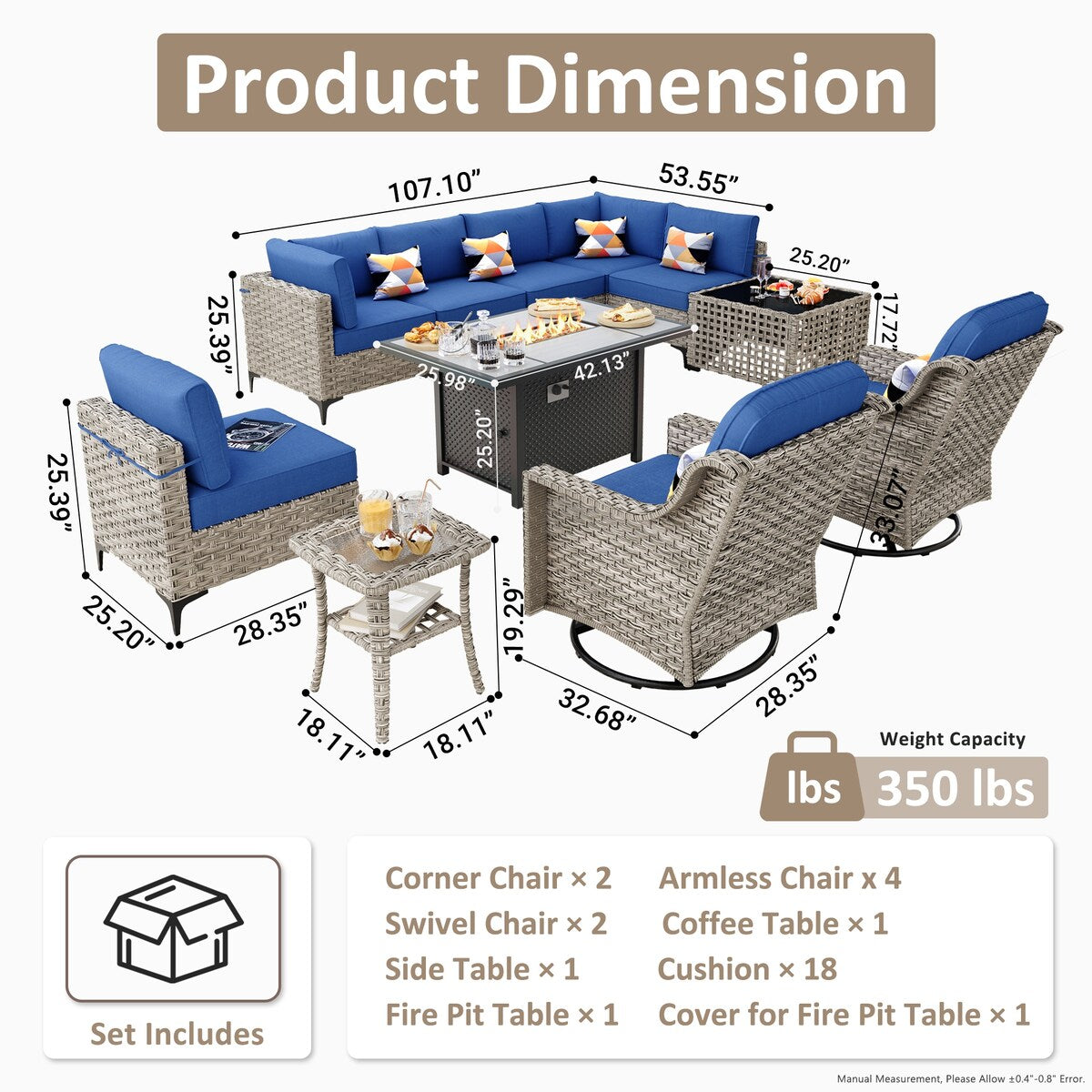 OVIOS 11 Pieces Outdoor Wicker Swivel Chair Set With Solar-Powered Coffee Table&Fire Pit