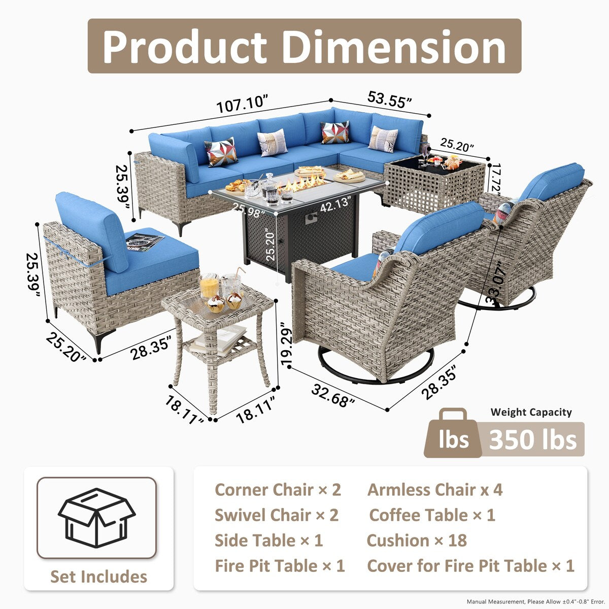 OVIOS 11 Pieces Outdoor Wicker Swivel Chair Set With Solar-Powered Coffee Table&Fire Pit