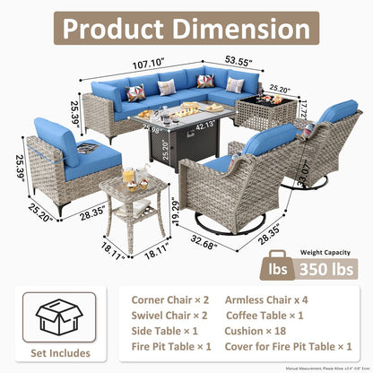 OVIOS 11 Pieces Outdoor Wicker Swivel Chair Set With Solar-Powered Coffee Table&Fire Pit