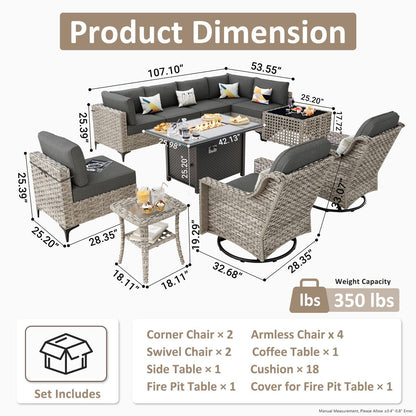 OVIOS 11 Pieces Outdoor Wicker Swivel Chair Set With Solar-Powered Coffee Table&Fire Pit