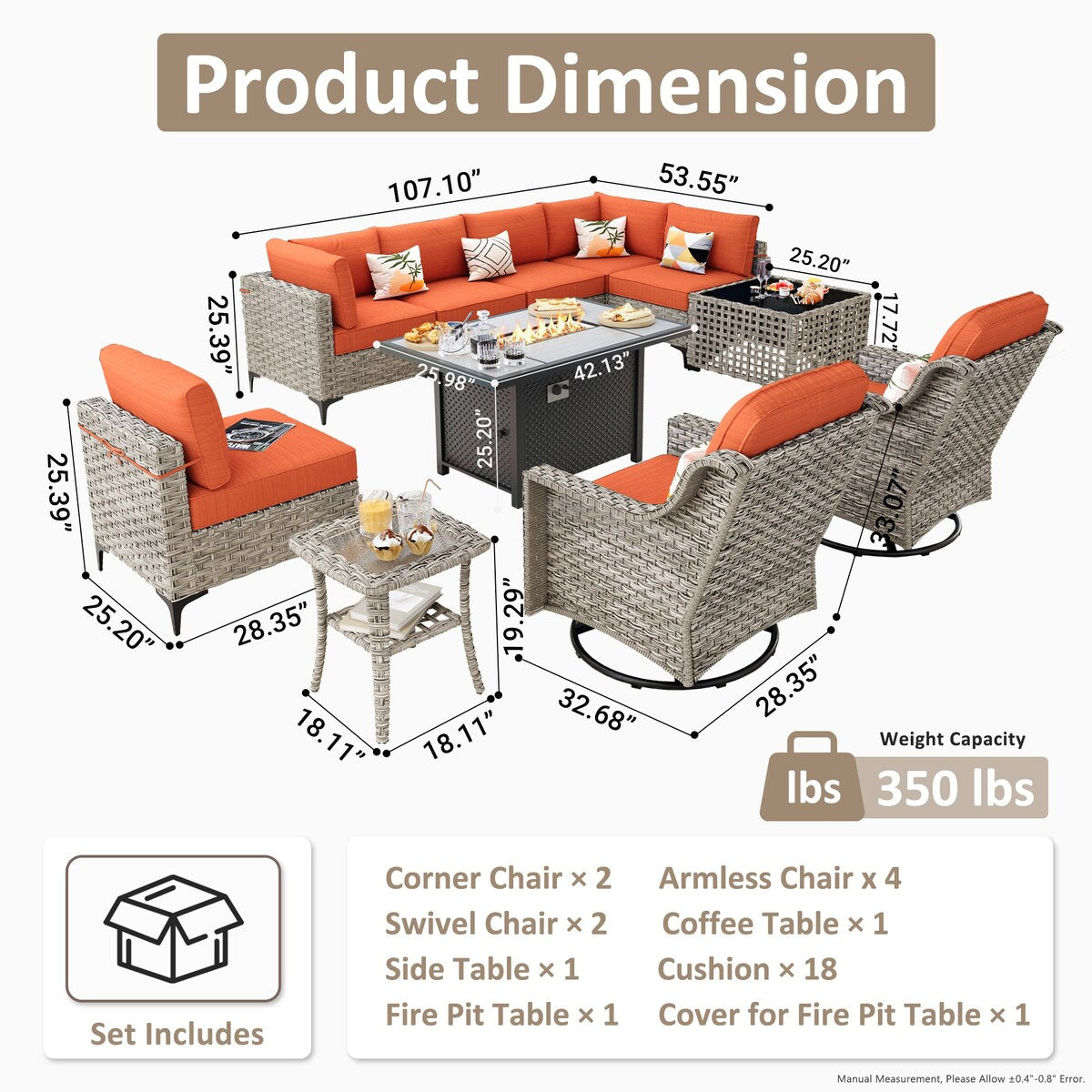 OVIOS 11 Pieces Outdoor Wicker Swivel Chair Set With Solar-Powered Coffee Table&Fire Pit