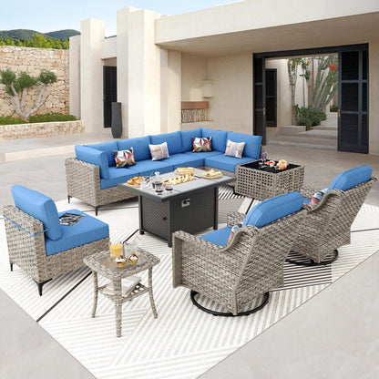 OVIOS 11 Pieces Outdoor Wicker Swivel Chair Set With Solar-Powered Coffee Table&Fire Pit