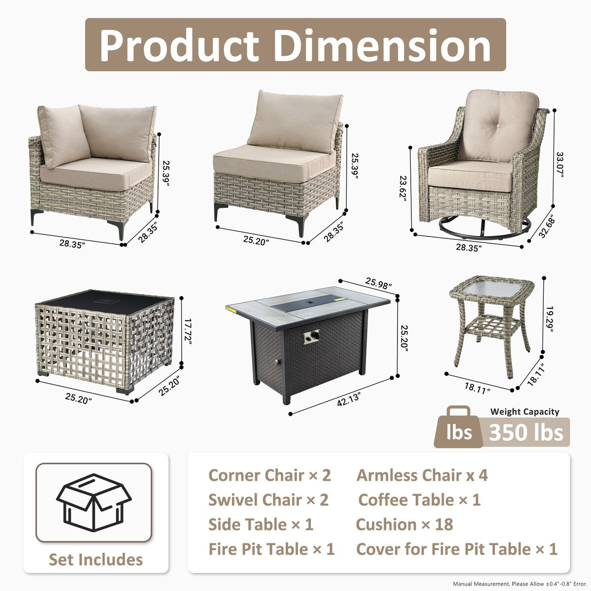 OVIOS 11 Pieces Outdoor Wicker Swivel Chair Set With Solar-Powered Coffee Table&Fire Pit