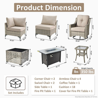 OVIOS 11 Pieces Outdoor Wicker Swivel Chair Set With Solar-Powered Coffee Table&Fire Pit