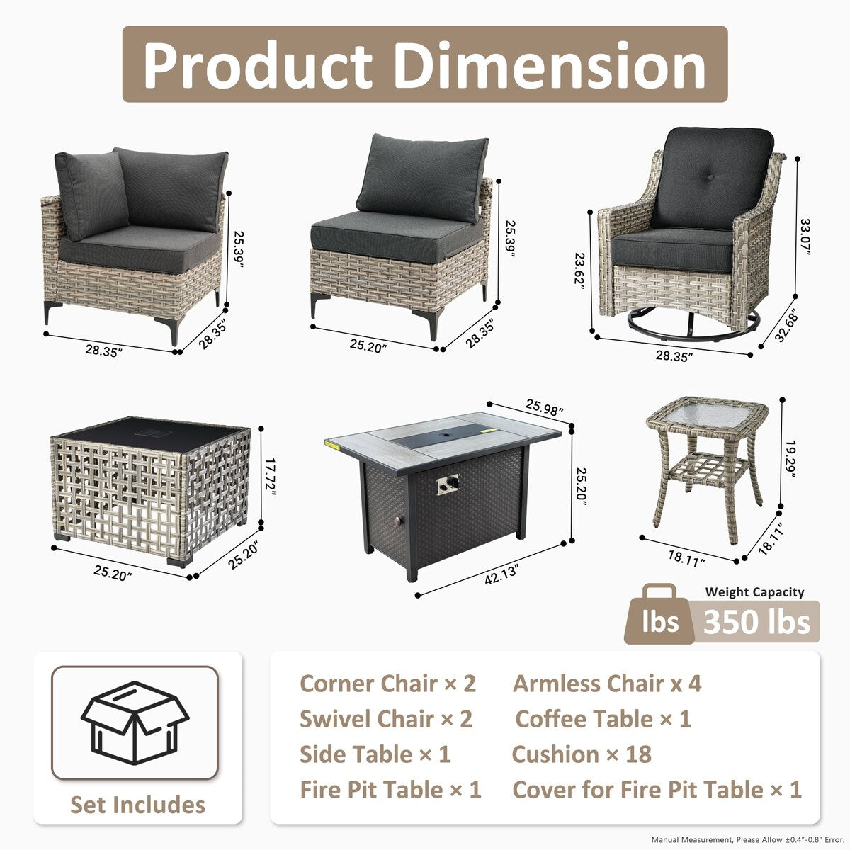 OVIOS 11 Pieces Outdoor Wicker Swivel Chair Set With Solar-Powered Coffee Table&Fire Pit