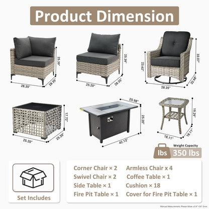 OVIOS 11 Pieces Outdoor Wicker Swivel Chair Set With Solar-Powered Coffee Table&Fire Pit