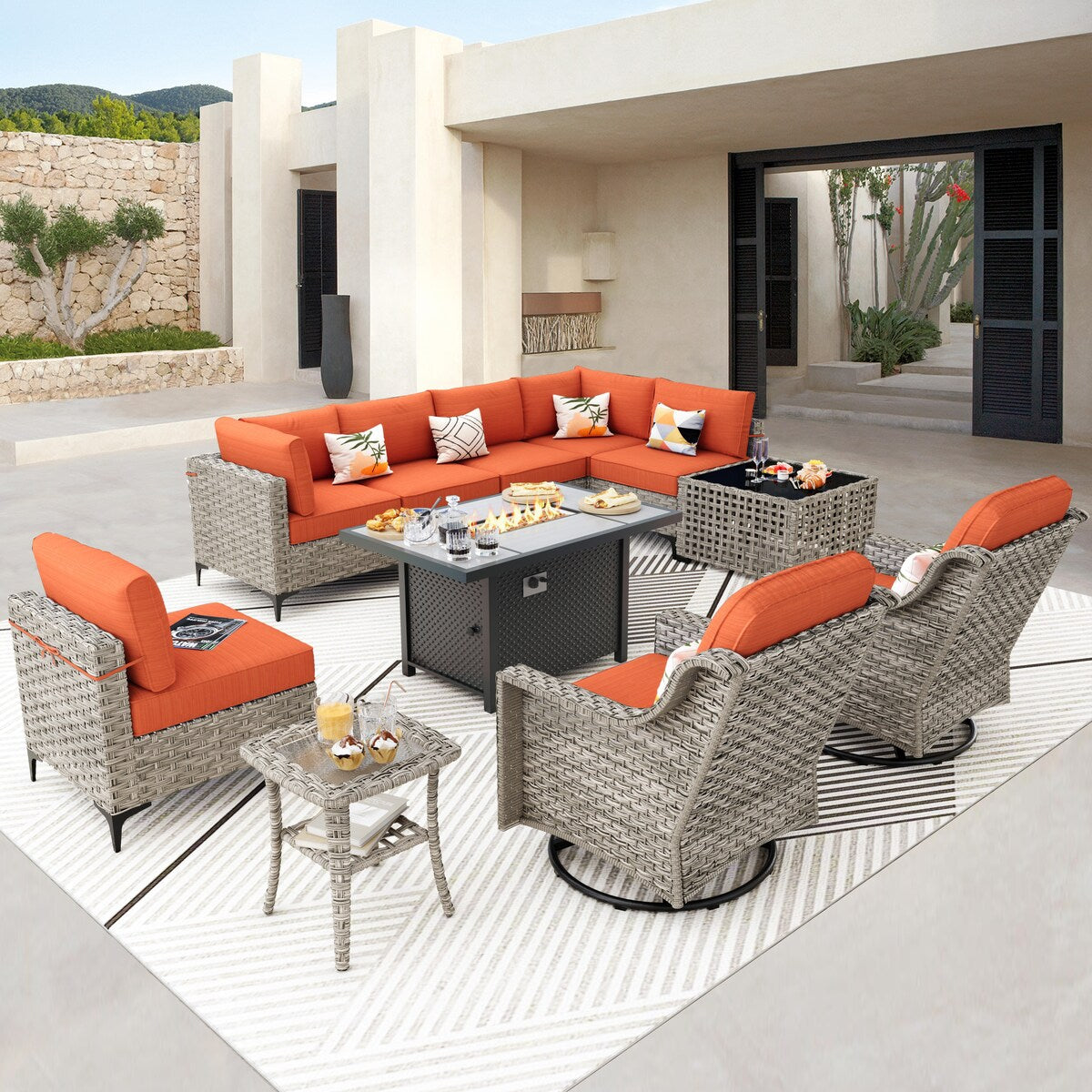 OVIOS 11 Pieces Outdoor Wicker Swivel Chair Set With Solar-Powered Coffee Table&Fire Pit