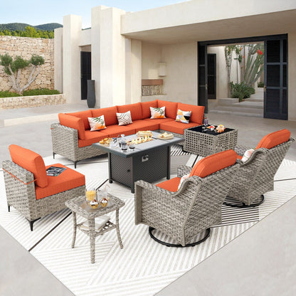 OVIOS 11 Pieces Outdoor Wicker Swivel Chair Set With Solar-Powered Coffee Table&Fire Pit