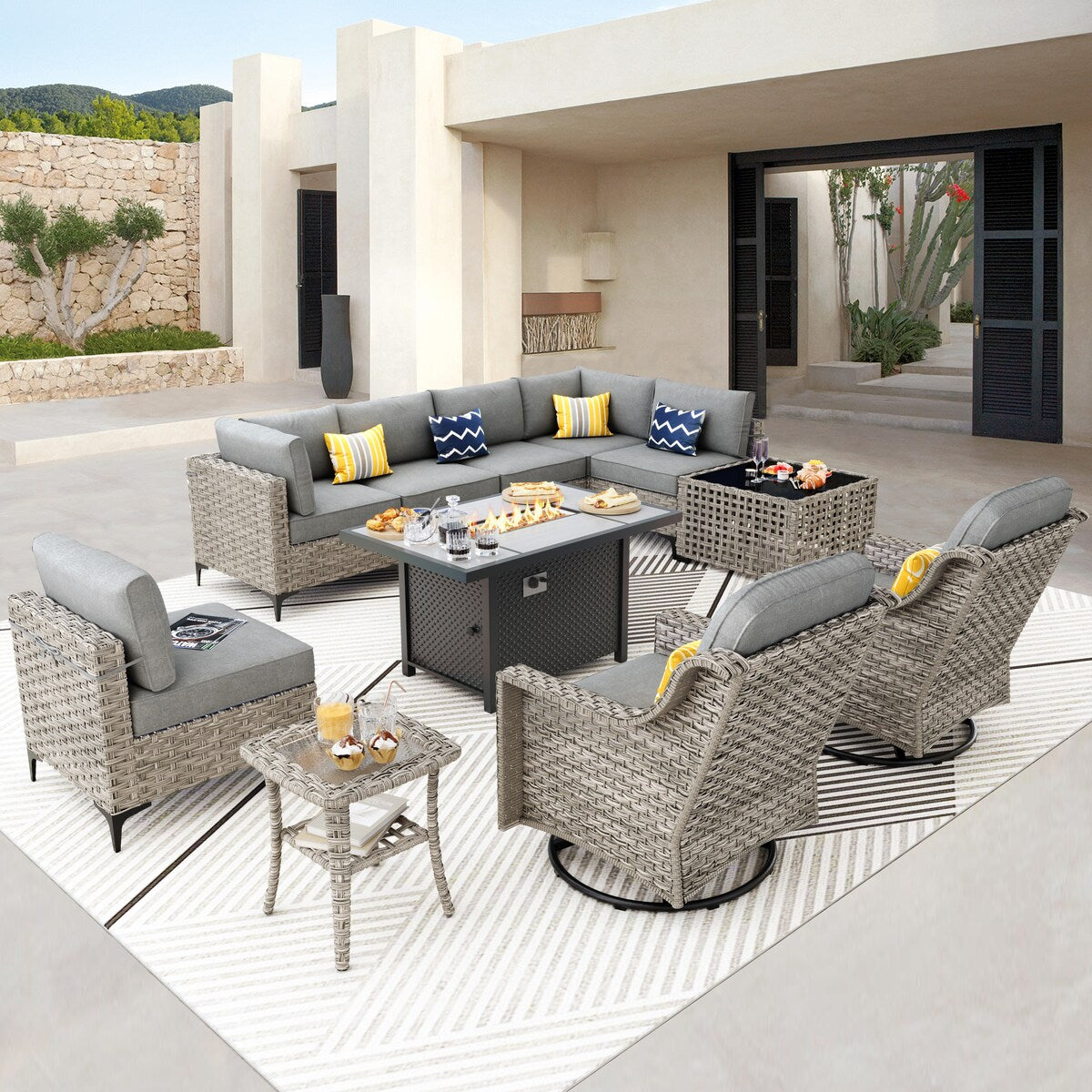OVIOS 11 Pieces Outdoor Wicker Swivel Chair Set With Solar-Powered Coffee Table&Fire Pit
