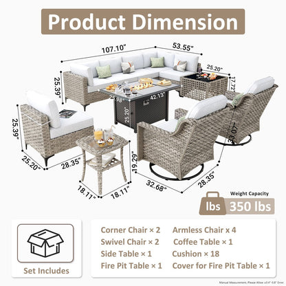 OVIOS 11 Pieces Outdoor Wicker Swivel Chair Set With Solar-Powered Coffee Table&Fire Pit