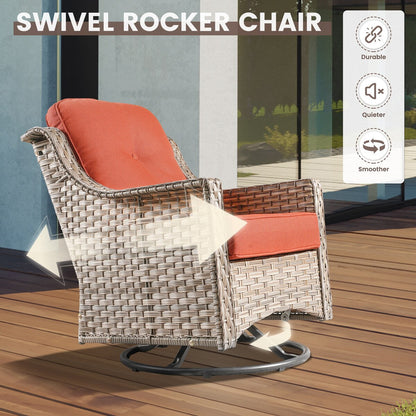 OVIOS 11 Pieces Outdoor Wicker Swivel Chair Set With Solar-Powered Coffee Table&Fire Pit