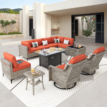 OVIOS 11 Pieces Outdoor Wicker Swivel Chair Set With Solar-Powered Coffee Table&Fire Pit