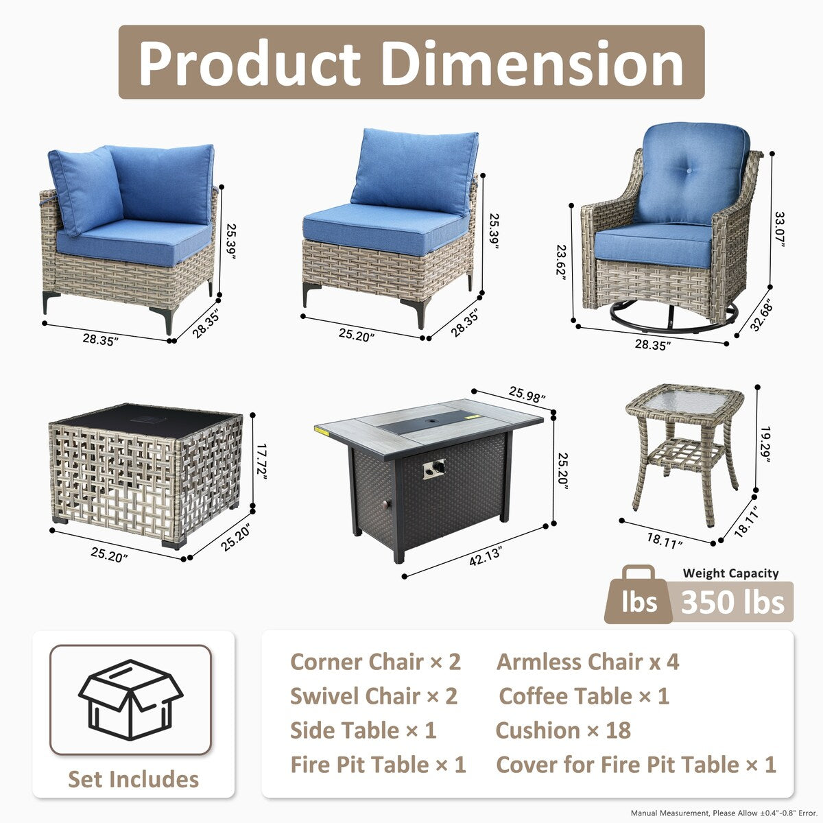 OVIOS 11 Pieces Outdoor Wicker Swivel Chair Set With Solar-Powered Coffee Table&Fire Pit