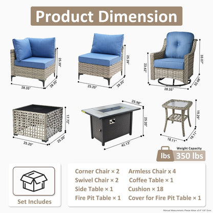 OVIOS 11 Pieces Outdoor Wicker Swivel Chair Set With Solar-Powered Coffee Table&Fire Pit
